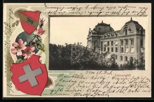 Präge-Lithographie Bern, Universität, Schweizer und Kantons-Wappen mit Rosen, Rahmen
