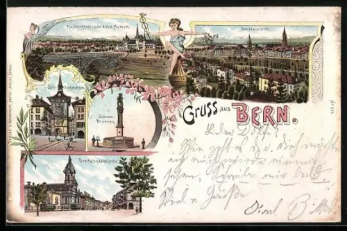 Lithographie Bern, Kirchenfeldbrücke u. histor. Museum, Simson-Brunnen, Gesamtansicht, Frauenfigur