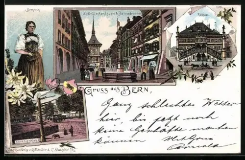 Lithographie Bern, Rathaus, Bernerin, Zeit-Glockenthurm & Baren-Brunnen