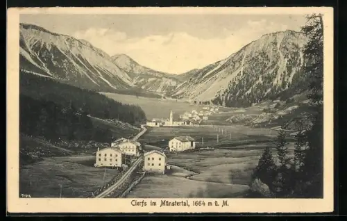 AK Cierfs im Münstertal, Gesamtansicht mit Bergpanorama aus der Vogelschau