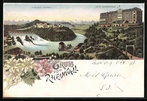 Lithographie Rheinfall, Panorama mit Hotel Schweizerhof und Schloss Laufen