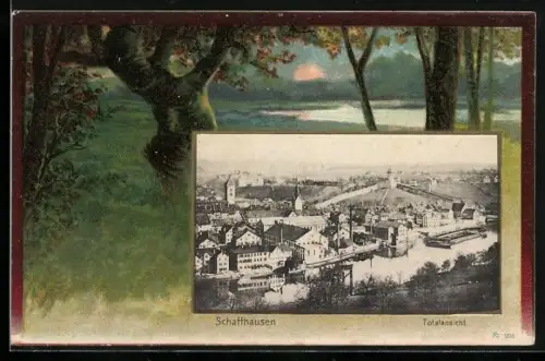 AK Schaffhausen, Totalansicht, Rahmen, Auenlandschaft mit Gewässer u. Sonnenuntergang