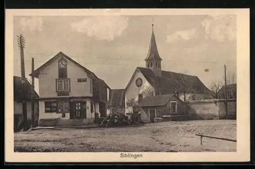 AK Siblingen, Ortspartie mit Geschäftshaus und Kirche, Gebäude-Uhr