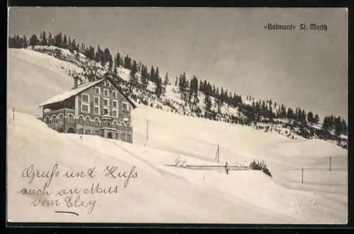 AK St. Moritz, Haus Belmunt mit Eisbahn