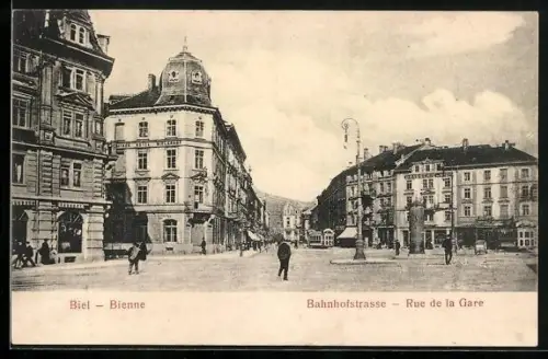 AK Biel, Bahnhofstrasse mit Hotel Bielerhof