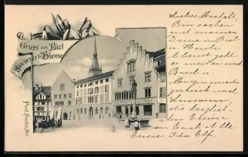 AK Biel, Strassenpartie mit Denkmal