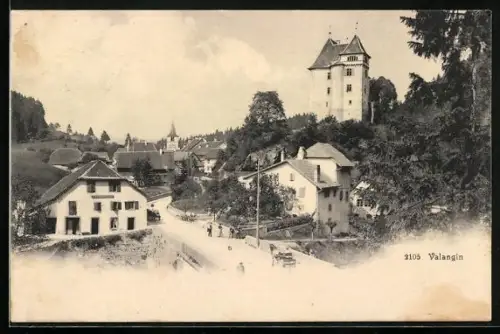 AK Valangin, Blick auf Schloss, Häuser und Kirchturm