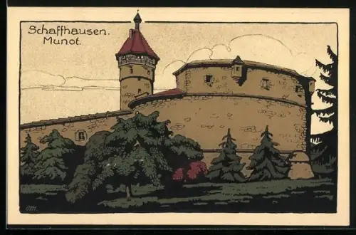 Steindruck-AK Schaffhausen, Munot mit Mauer und Türmchen