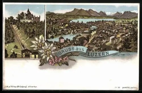 Lithographie Luzern, Totalansicht der Stadt, Bergbahn zum Schloss