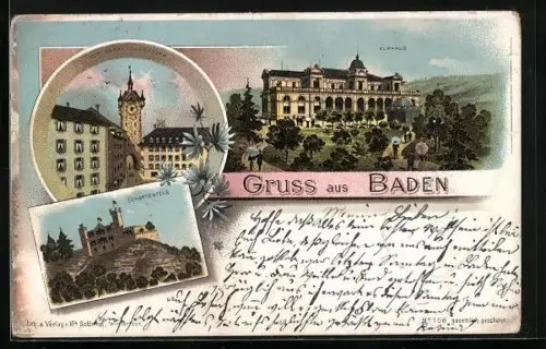 Lithographie Baden, Kurhaus, Schartenfels, Der Gefängnisturm