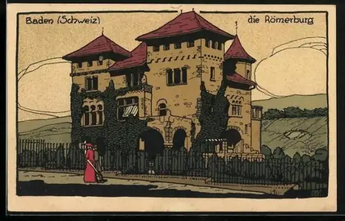 Künstler-AK Baden, Römerburg mit Strassenpartie