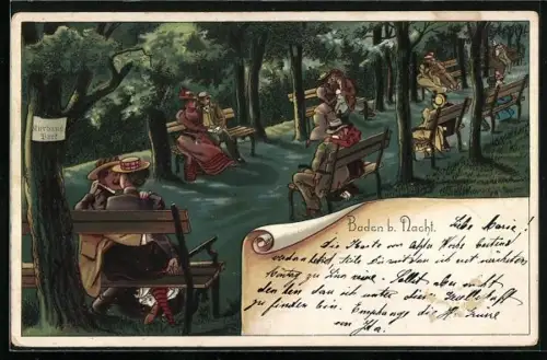 Lithographie Berlin-Tiergarten, Tiergarten bei Nacht, Verliebte Paare auf Parkbänken