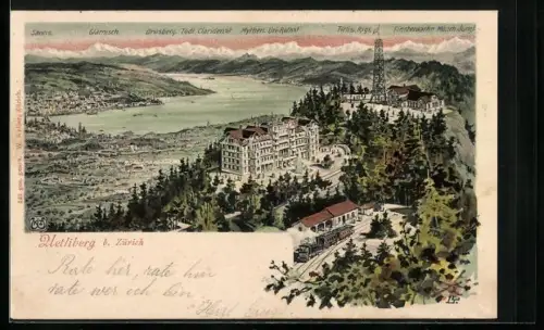 Lithographie Uetliberg b. Zürich, Hotel mit Eisenbahn, Bergpanorama mit Drusberg, Glärnisch und Säntis