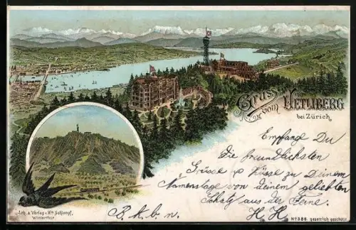 Lithographie Zürich, Uetliberg, Anwesen aus der Vogelschau