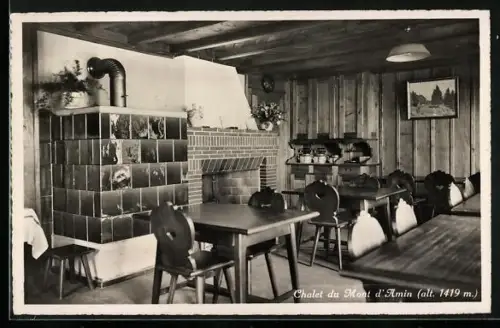 AK Dombresson, Chalet du Mont d'Amin, Inneres vom Hotel-Restaurant von J. Monnier