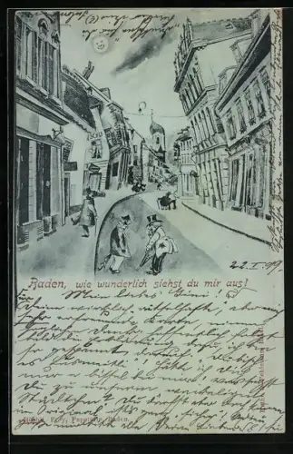 Mondschein-Lithographie Baden, Strassenpartie aus der Sicht eines Betrunkenen