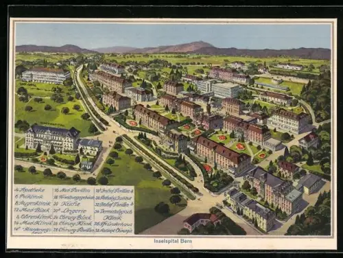 Künstler-AK Bern, Inselspital mit Apotheke, Ohrenklinik und Küche