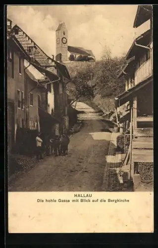 AK Hallau, Strasse hohle Gasse mit Blick auf die Bergkirche
