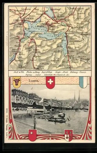 AK Luzern, Uferpartie mit Bootsverleih, Landkarte mit Stans, Schwyz und Altdorf