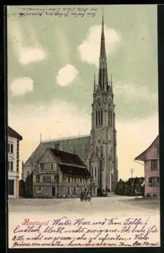 AK Amriswil, Strassenpartie mit Kirche