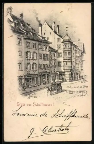 Lithographie Schaffhausen, Schmiedstube-Erker in der Vordergasse