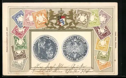 AK Prinzregent Luitpold v. Bayern, 3 Reichsmark, Geld, Briefmarken, Wappen