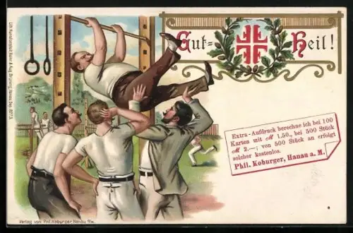 Lithographie Freunde helfen dickem Turner auf das Reck, Eichenkranz