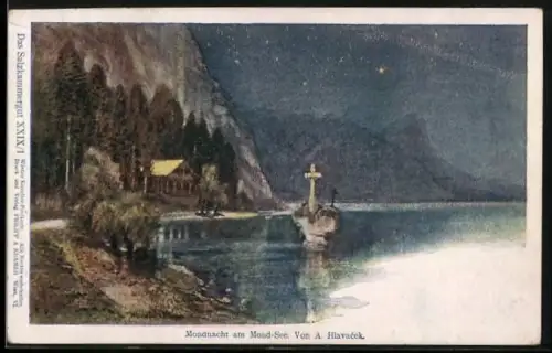 Künstler-AK Anton Hlavacek: Mondsee, Mondnacht am Mond-See