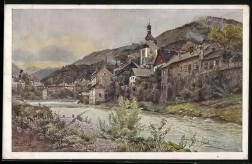 Künstler-AK Erwin Pendl: Waidhofen an der Ybbs, Hohe Brücke und Torturm