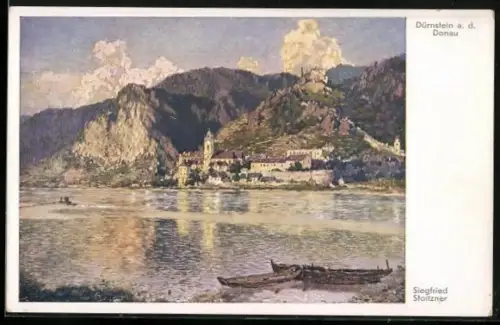 Künstler-AK Siegfried Stoitzner: Dürrnstein an der Donau, Panorama in der Morgensonne