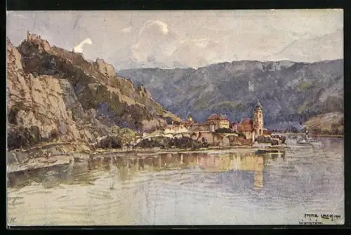 Künstler-AK Fritz Lach: Dürnstein a. Donau, Donaupanorama, Nibelungenweg