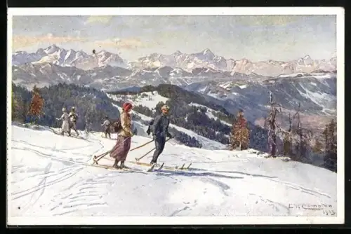 Künstler-AK Edward Theodore Compton: Villach, Skipartie auf der Görlitzen