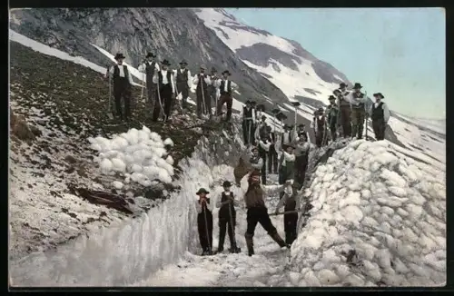 AK Grimselpass, Schneebruch und Männer mit Spaten