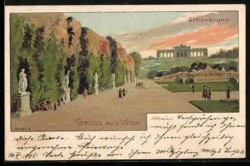 Künstler-Lithographie Wien, Schönbrunn mit Anlagen und Besuchern