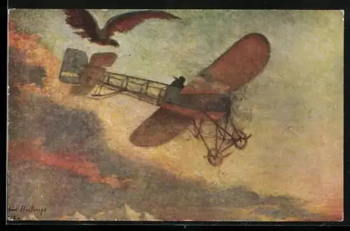 Künstler-AK Nebenbuhlerschaft, Flugzeug und Vogel fliegen nebeneinander