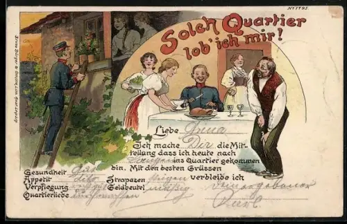 Künstler-AK Bruno Bürger & Ottillie Nr. 1795: Solch Quartier..., Soldat in Uniform bei Tisch und vor dem Fenster