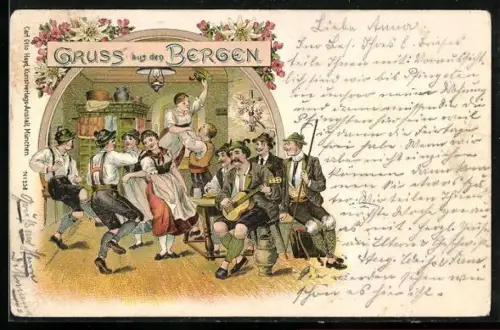 AK Gruss aus den Bergen, Männer und Frauen bei einem Volkstanz