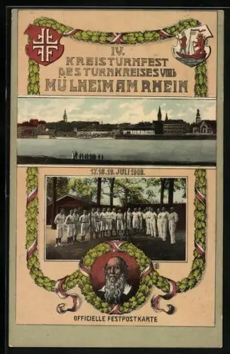 AK Mülheim am Rhein, IV. Kreisturnfest des Turnkreises VIIIb, 1909, Ortsansicht, Portrait Turnvater Jahn
