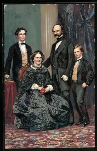 Künstler-AK König Maximilian II, Königin Marie und deren Kinder die späteren Könige Ludwig II. und Otto I.