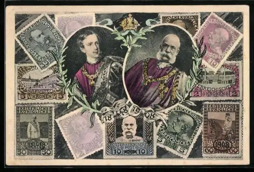 AK Portraits des Kaiser Franz Josef I. von Österreich in jungen und alten Jahren, Briefmarken mit dem Bild des Kaisers