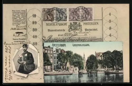 AK Amsterdam, Groenburgwal, Binnenlandsche Postwissel, Postbote mit Brief durch zerrissenes Papier
