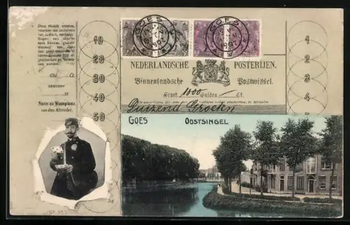 AK Goes, Oostsingel, Nederlandsche Posterijen, Binnenlandsche Postwissel, Postbote mit Brief durch zerrissenes Papier