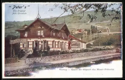 Künstler-AK Vevey, Gare de depart du Mont Pelerin, Bergbahn, Reklame Peter`s Milk Chocolate