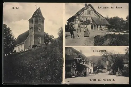 AK Hüttlingen, Restaurant zur Sonne, Kirche, Totalansicht