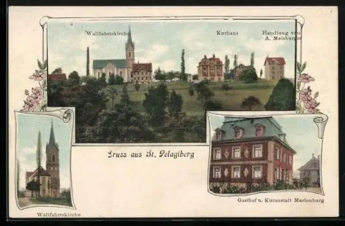 AK St. Pelagiberg, Gasthof und Kuranstalt Marienburg, Kurhaus, Handlung von A. Meisburger