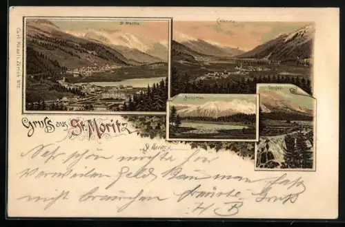 Lithographie St. Moritz, Statzersee, Innfall, Celerina und Ortspanorama