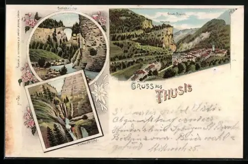 Lithographie Thusis, Viamalabrücke, Solisbrücke und Gesamtansicht