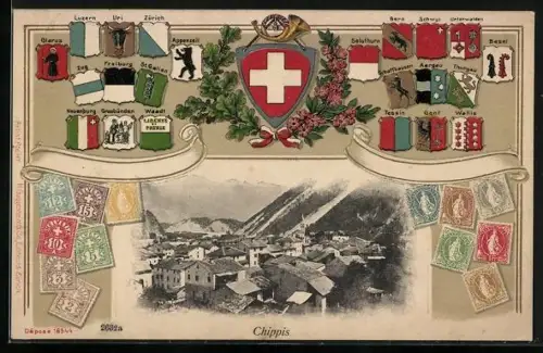 Präge-AK Chippis, Ortsansicht im Passepartout mit Wappen und Briefmarken