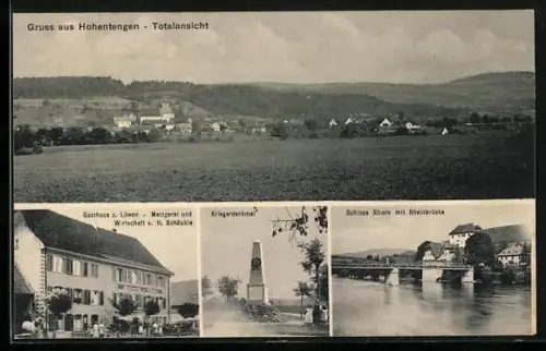 AK Hohentengen, Gasthaus zum Löwen, Bes. H. Schäuble, Kriegerdenkmal, Schloss Röteln mit Rheinbrücke
