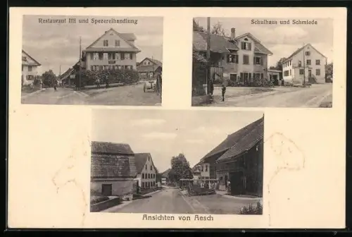 AK Aesch bei Birmensdorf, Restaurant Illi und Spezereihandlung, Schulhaus und Schmiede